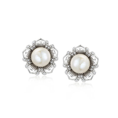 8-8.5mm Cultured Pearl and .10 ct. t.w. Diamond Flower Earrings in Sterling Silver