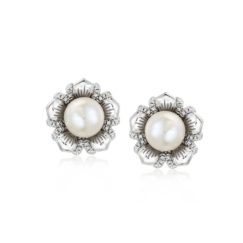 8-8.5mm Cultured Pearl and .10 ct. t.w. Diamond Flower Earrings in Sterling Silver  image number 0