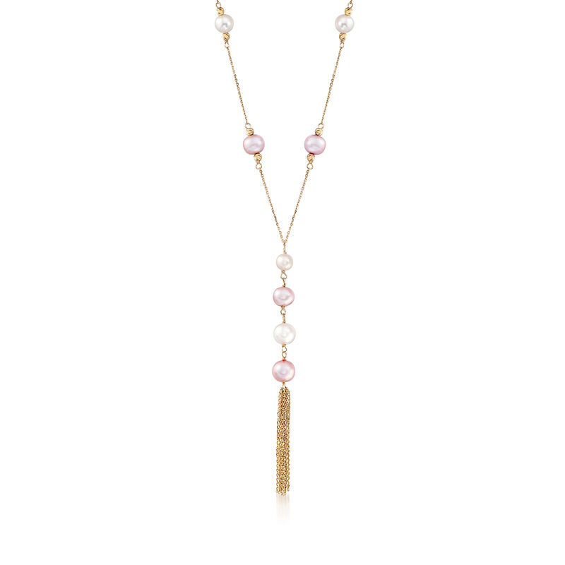 6-8.5mm White and Pink Cultured Pearl Lariat Necklace in 14kt Yellow Gold image number 0