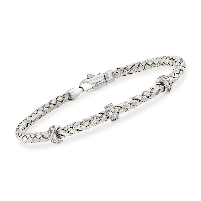 Simon G. .32 ct. t.w. Diamond Three-Station Woven Bangle Bracelet in 18kt White Gold. 7&quot; image number 0