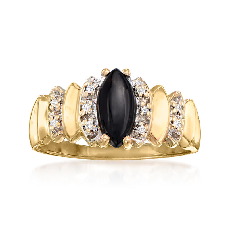 C. 1980 Vintage Marquise Black Onyx Ring with Diamond Accents in 14kt Yellow Gold image number 0