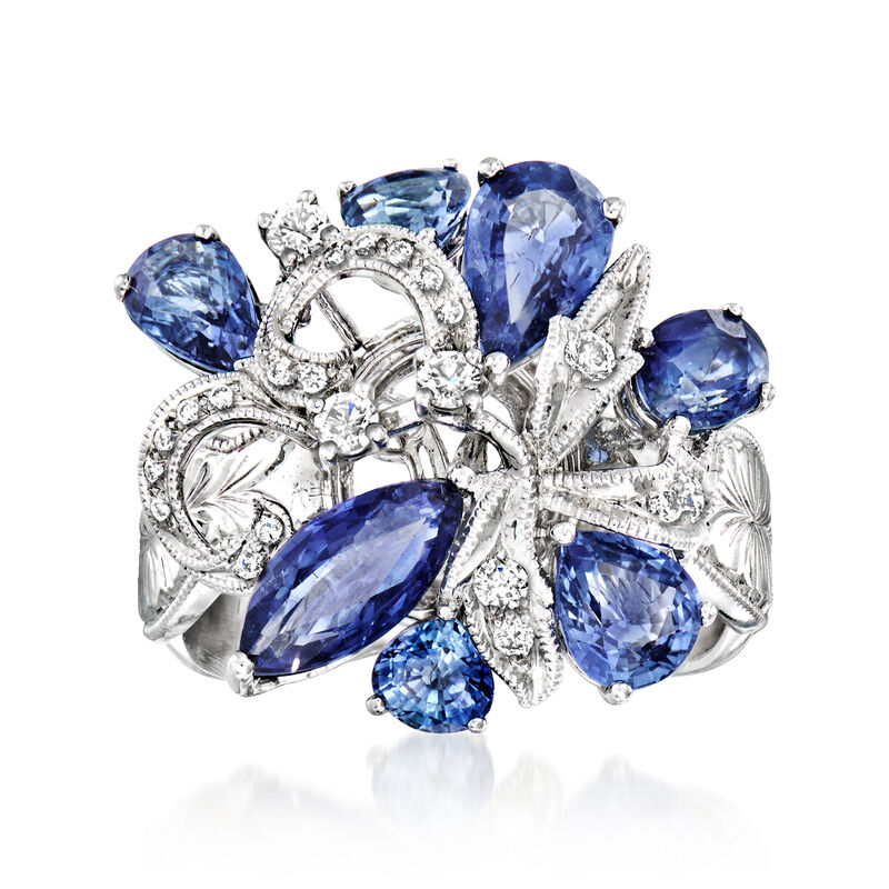 C. 1980 Vintage 3.30 ct. t.w. Sapphire and .20 ct. t.w. Diamond Cocktail Ring in 18kt White Gold. Size 6.75 image number 0