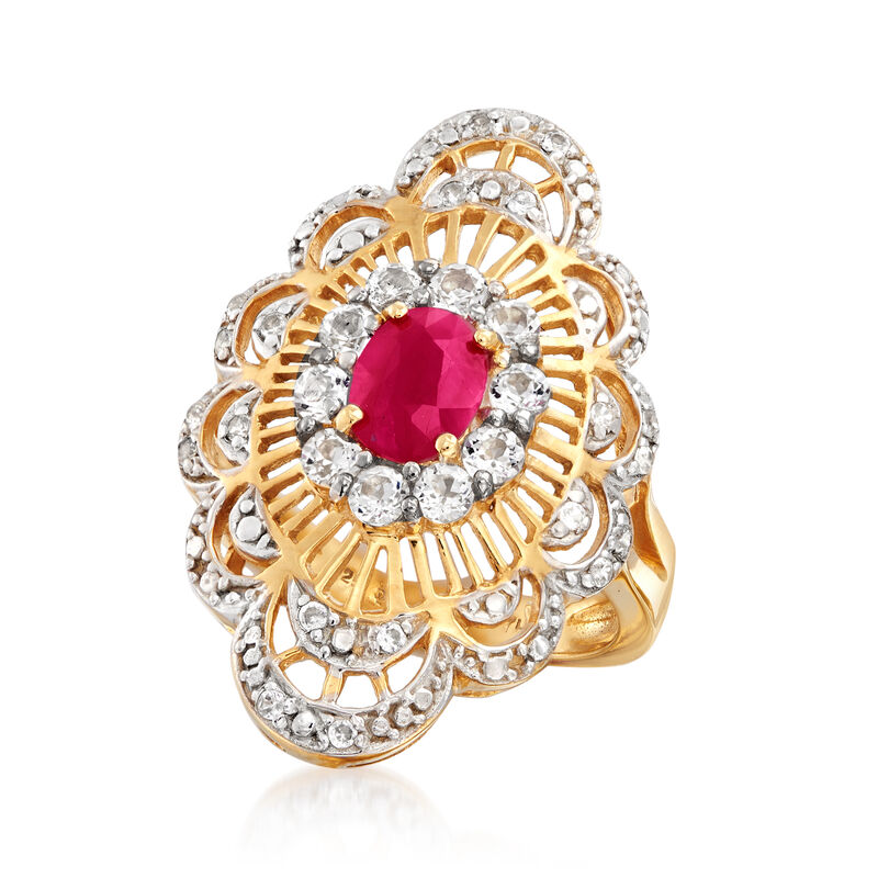 1.00 Carat Ruby and .90 ct. t.w. White Zircon Openwork Ring in 18kt Gold Over Sterling image number 3