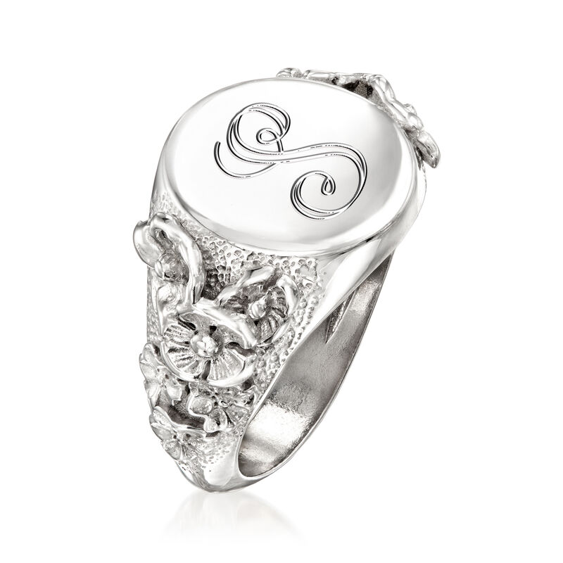 Italian Sterling Silver Personalized Floral Signet Ring image number 2