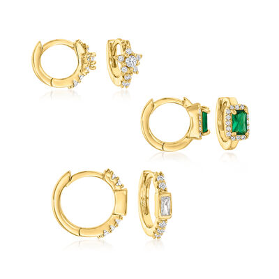 .70 ct. t.w. CZ and .60 ct. t.w. Simulated Emerald Jewelry Set: Three Pairs of Hoop Earrings in 18kt Gold Over Sterling