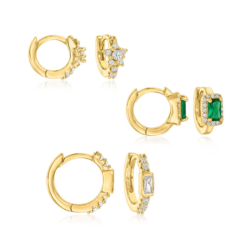 .70 ct. t.w. CZ and .60 ct. t.w. Simulated Emerald Jewelry Set: Three Pairs of Hoop Earrings in 18kt Gold Over Sterling. 3/8&quot;-1/2&quot; image number 0
