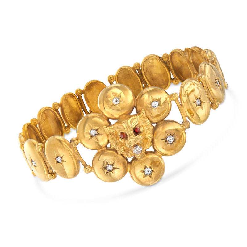 C. 1950 Vintage .50 ct. t.w. Diamond Lion Head Disc Bracelet with Red Glass in 9kt Yellow Gold. 7.25&quot; image number 0