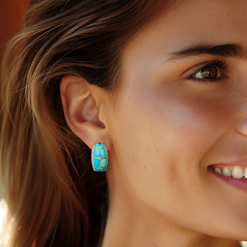 C. 1990 Vintage Turquoise and .60 ct. t.w. Diamond Curved Earrings in 18kt White Gold image number 1