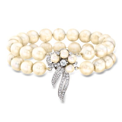 C. 1960 Vintage 6-9mm Cultured Pearl Two-Row Bracelet with 1.30 ct. t.w. Diamonds in 14kt White Gold