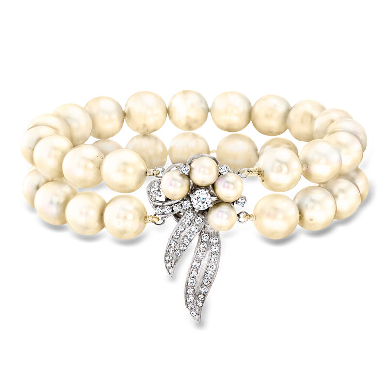 C. 1960 Vintage 6-9mm Cultured Pearl Two-Row Bracelet with 1.30 ct. t.w. Diamonds in 14kt White Gold. 7" image number 0