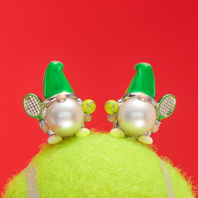 8-8.5mm Cultured Pearl and Multicolored Enamel Tennis Gnome Earrings in Sterling Silver  image number 3