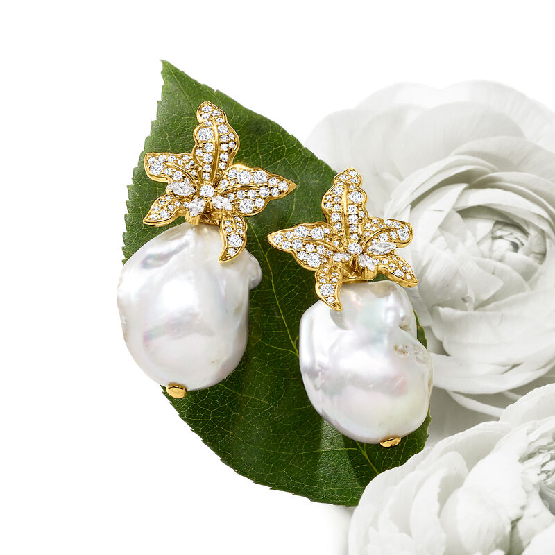 Italian 13-18mm Cultured Baroque Pearl and 1.80 ct. t.w. CZ Flower Earrings in 18kt Gold Over Sterling  image number 3