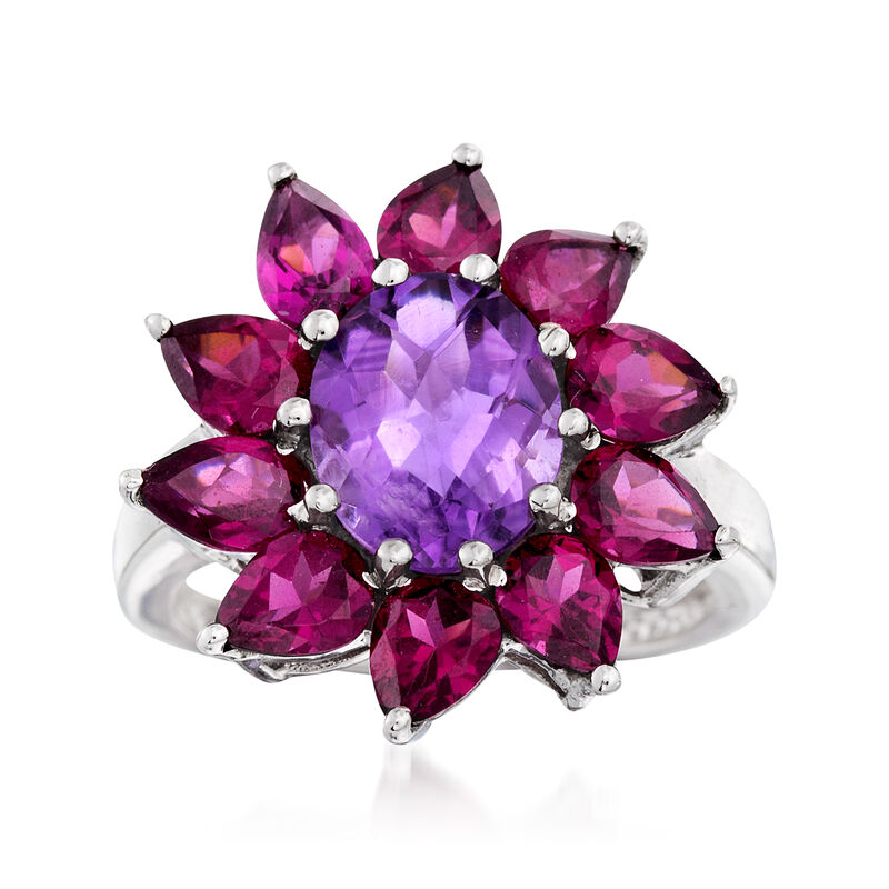 2.50 Carat Amethyst and 3.50 ct. t.w. Rhodolite Garnet Flower Ring in Sterling Silver image number 0