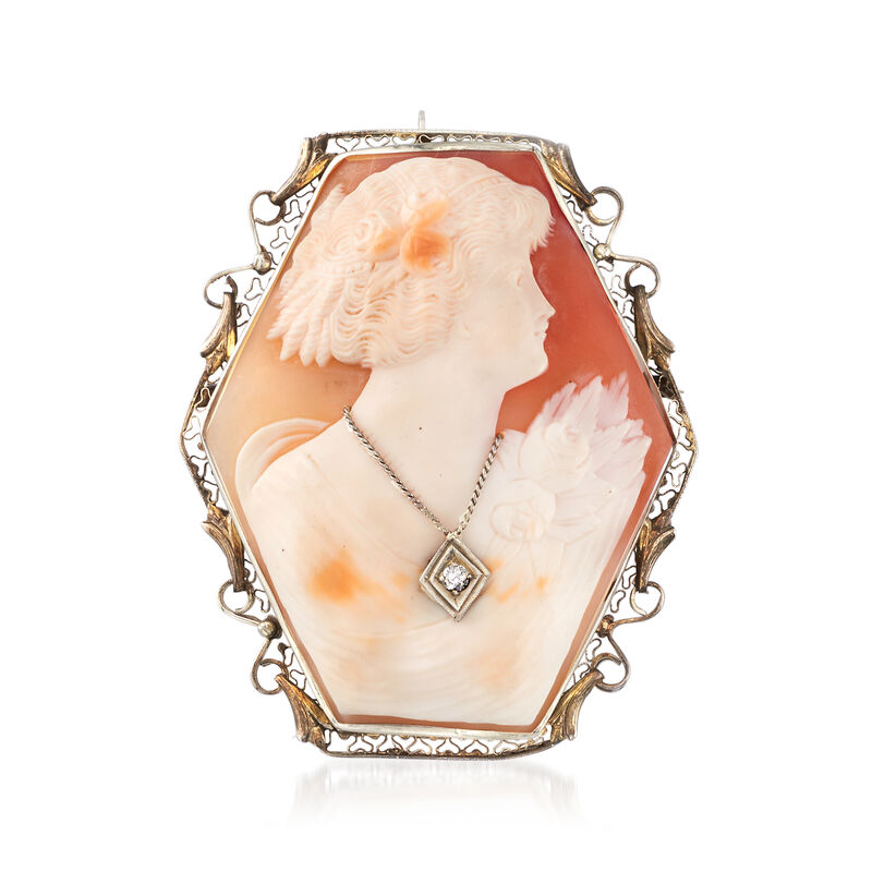 C. 1950 Vintage Shell Cameo Pin/Pendant with Diamond Accent in 14kt White Gold image number 0