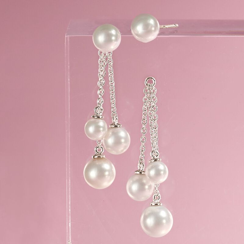 5-7mm Shell Pearl Jewelry Set: Earrings and Tassel Earring Jackets in Sterling Silver image number 4