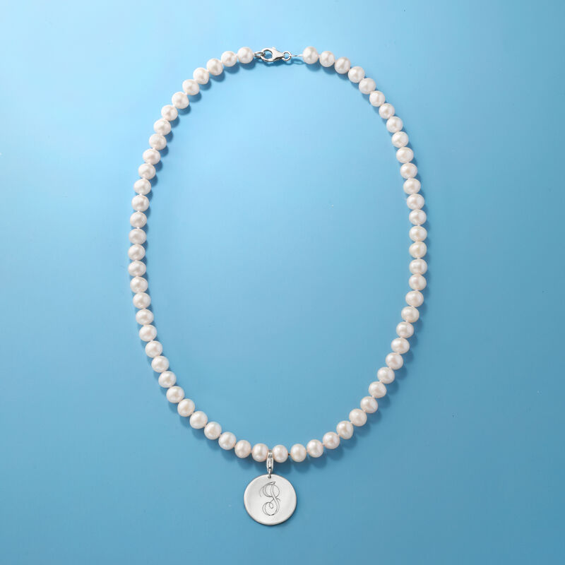 Monogram - 6-7mm Cultured Pearl Necklace with Sterling Silver Personalized Disc Charm. 18&quot;  image number 2