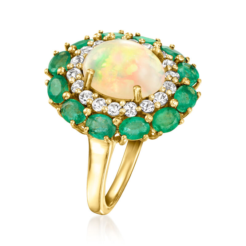 Ethiopian Opal, 2.10 ct. t.w. Emerald and .70 ct. t.w. White Topaz Ring in 18kt Gold Over Sterling image number 2
