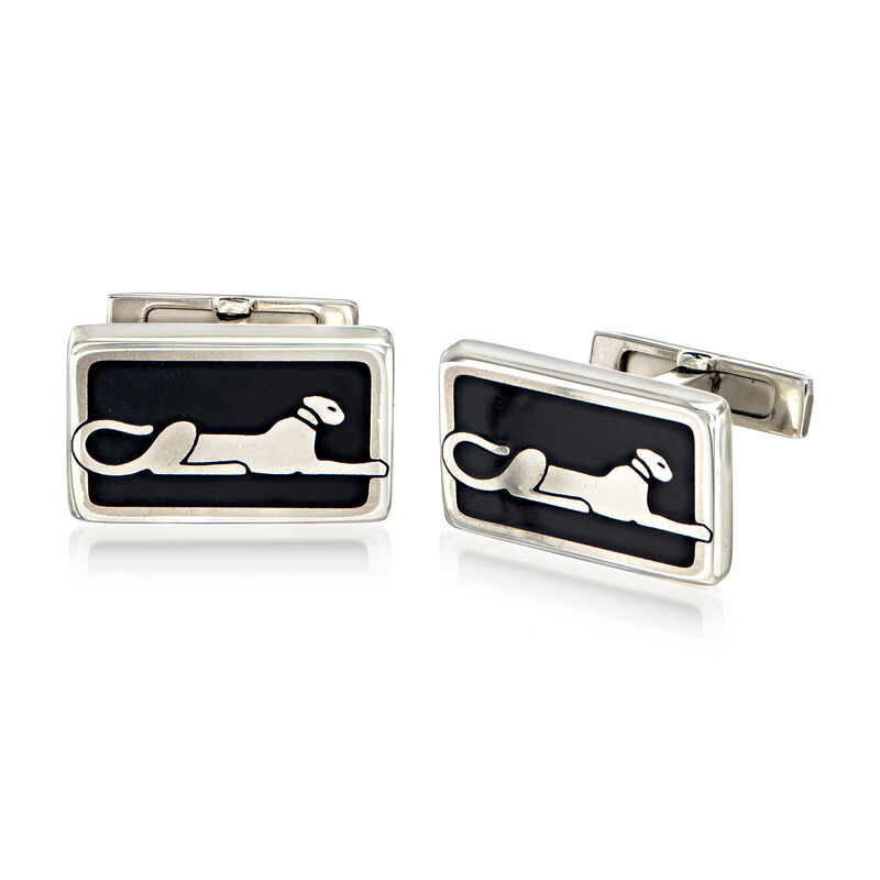 C. 1980 Vintage Cartier Sterling Silver Panther Cuff Links with Black Enamel image number 0