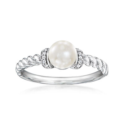 5.5-6mm Cultured Pearl Ring with Diamonds in Sterling Silver