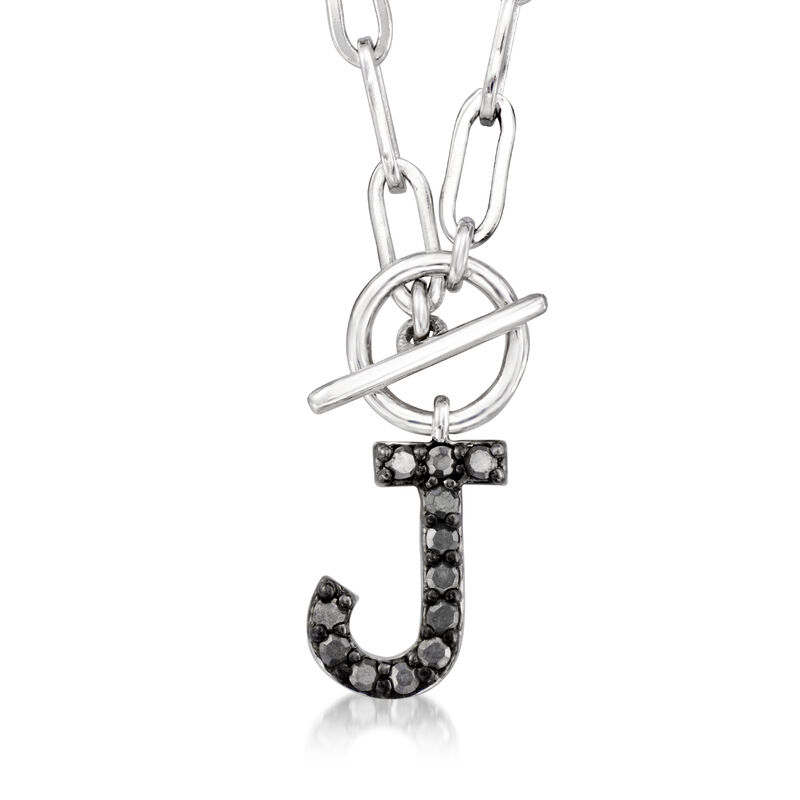 J - .10 ct. t.w. Black Diamond Initial Paper Clip Link Toggle Necklace in Sterling Silver. 18" image number 0
