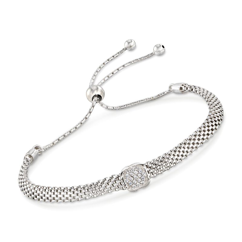 Italian Sterling Silver Mesh Bolo Bracelet with CZ Station  image number 0