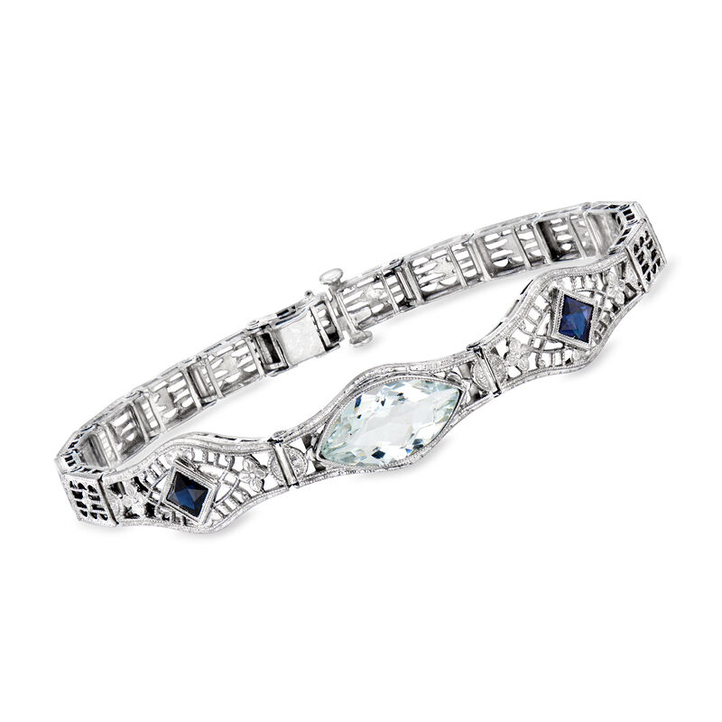 C. 1930 Vintage 2.60 Carat Aquamarine Filigree Bracelet with .50 ct. t.w. Lab-Grown Sapphires in 14kt White Gold. 6.75&quot; image number 0