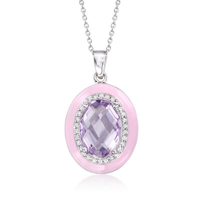 5.25 Carat Amethyst and .30 ct. t.w. White Zircon Pendant Necklace with Pastel Pink Enamel in Sterling Silver