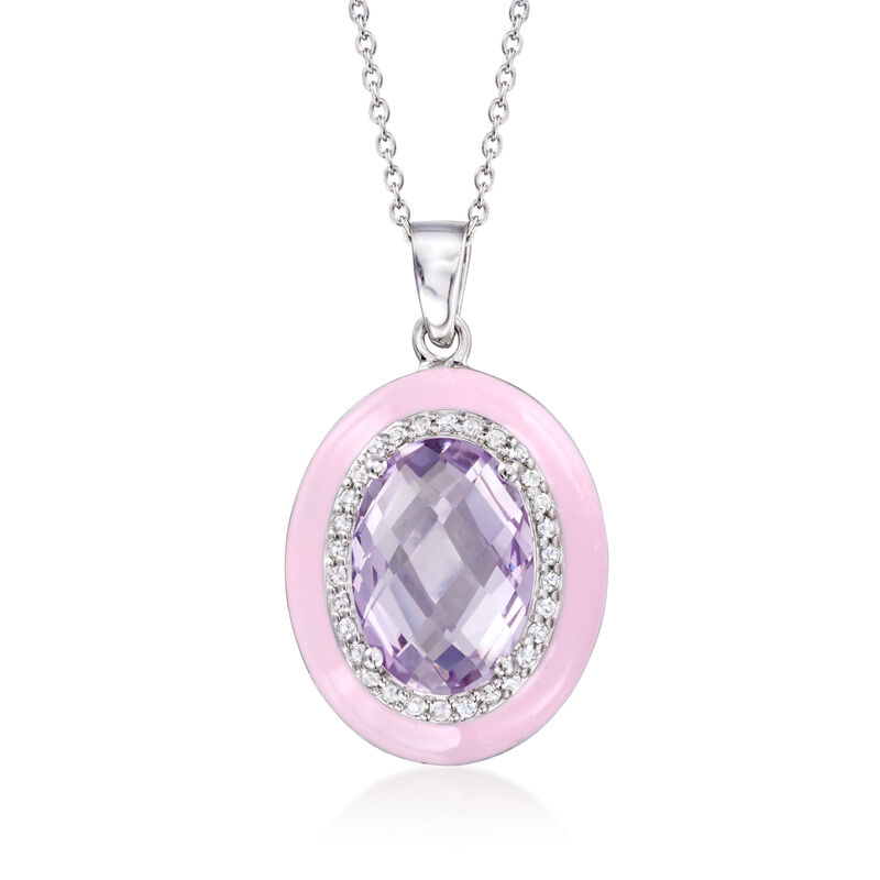 5.25 Carat Amethyst and .30 ct. t.w. White Zircon Pendant Necklace with Pastel Pink Enamel in Sterling Silver. 18" image number 1