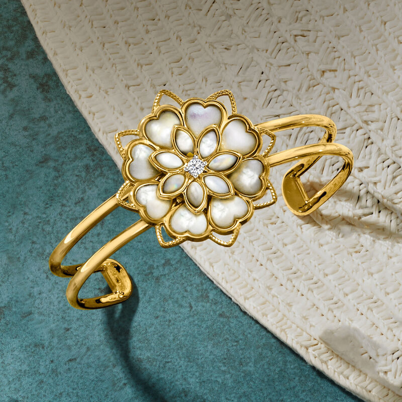Mother-of-Pearl and .10 Carat White Topaz Cuff Bracelet in 18kt Gold Over Sterling image number 2