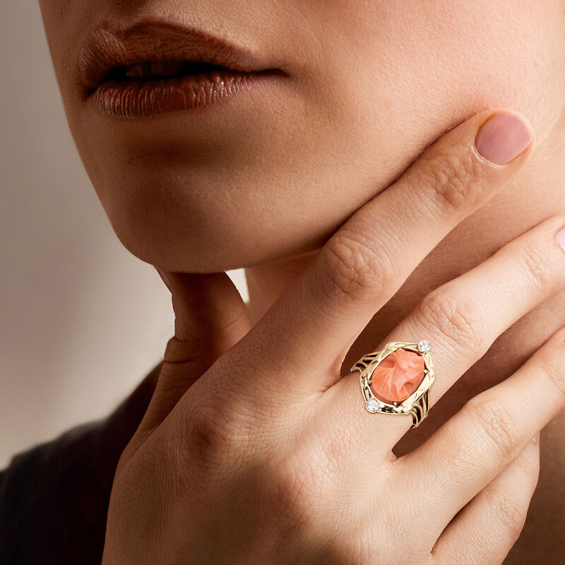 C. 1930 Vintage Red Coral Cameo Ring with .10 ct. t.w. Diamonds in 10kt Yellow Gold. Size 5.5 image number 1