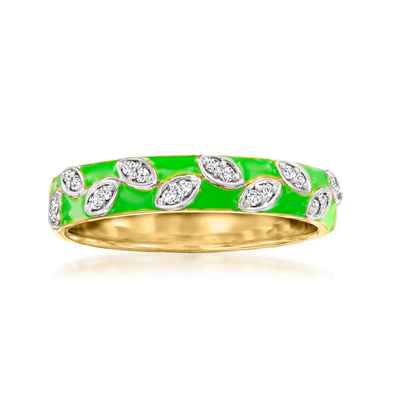 .10 ct. t.w. Diamond Vine Ring with Green Enamel in 18kt Gold Over Sterling image number 0