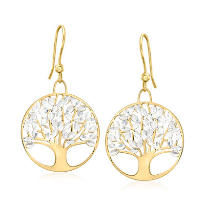 Italian Sterling Silver and 18kt Gold Over Sterling Diamond-Cut Tree of Life Drop Earrings