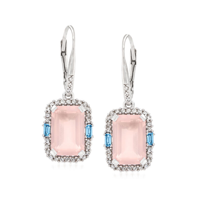 6.00 ct. t.w. Rose Quartz, .60 ct. t.w. White Zircon and .20 ct. t.w. Blue Topaz Drop Earrings in Sterling Silver image number 0