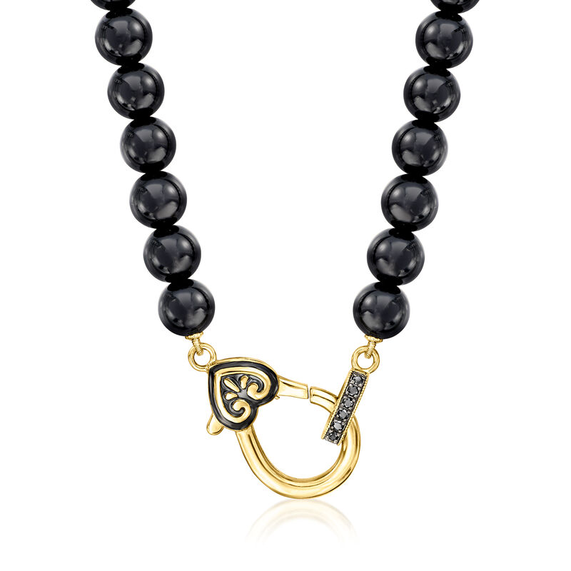 6mm Black Agate Bead and Black Enamel Oversized Lobster Clasp Necklace with Black Diamond Accents in 18kt Gold Over Sterling. 18&quot; image number 1