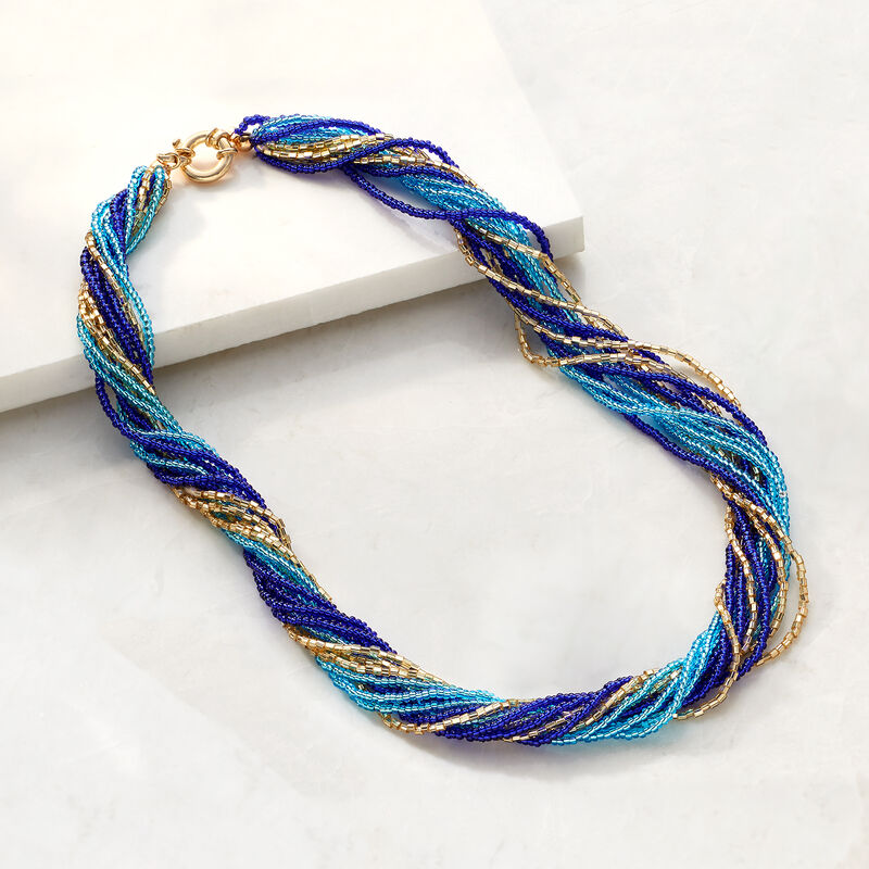 Italian Blue and Golden Murano Glass Bead Torsade Necklace with 18kt Gold Over Sterling image number 4