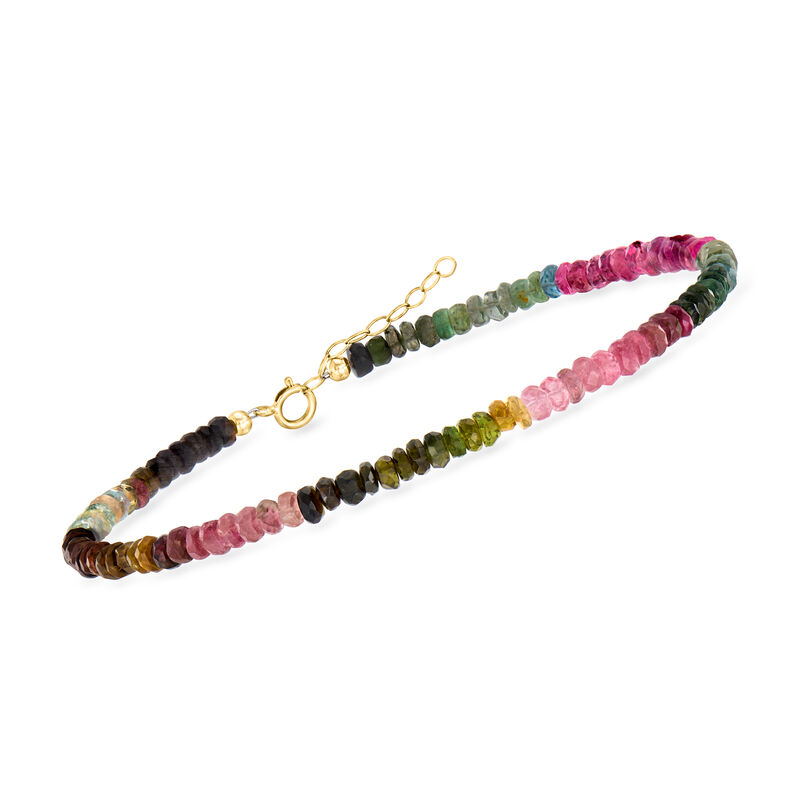 17.00 ct. t.w. Multicolored Tourmaline Bead Anklet with 14kt Yellow Gold. 9&quot; image number 2