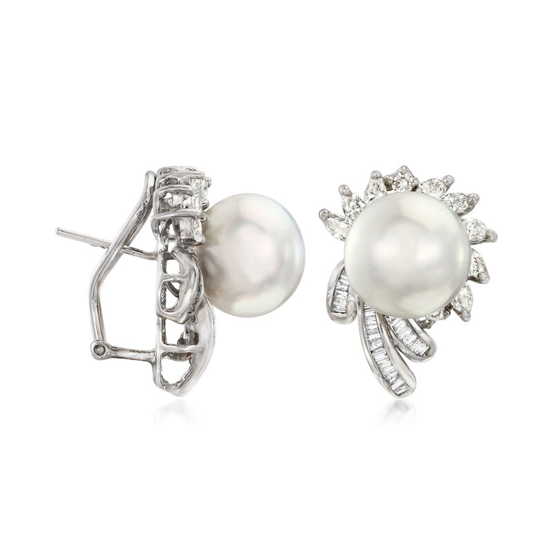 C. 1980 Vintage 13mm Cultured Pearl and 2.44 ct. t.w. Diamond Cluster Earrings in 18kt White Gold image number 2