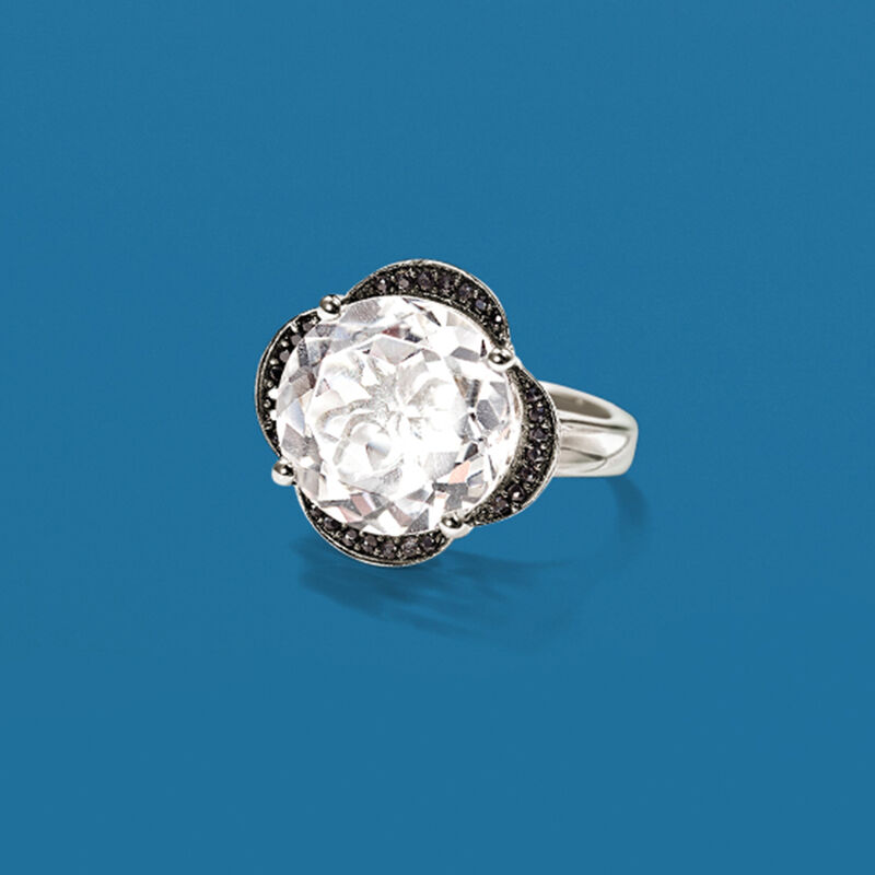Rock Crystal and Black Spinel Flower Ring in Sterling Silver image number 3