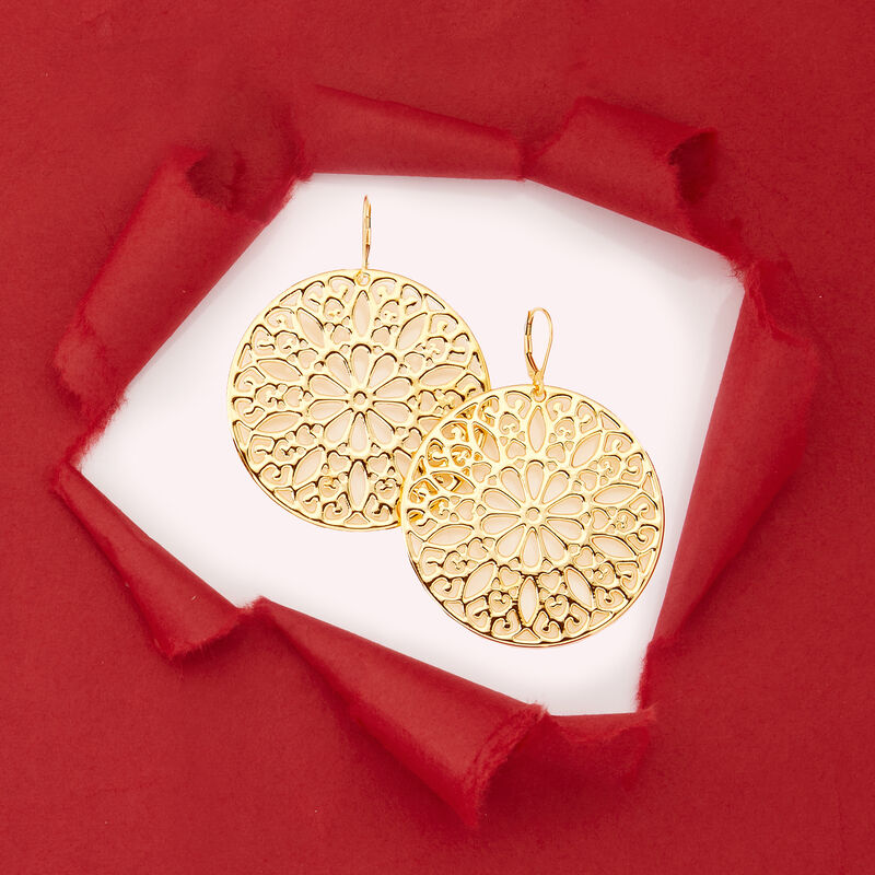 Italian Andiamo 14kt Yellow Gold Over Resin Floral Disc Drop Earrings  image number 4