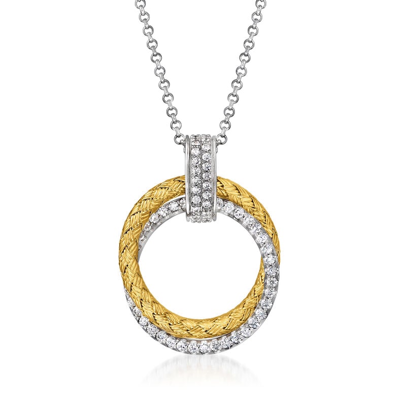 Charles Garnier .83 ct. t.w. CZ Crossover Mesh Circle Pendant Necklace in Two-Tone Sterling Silver. 17&quot; image number 1
