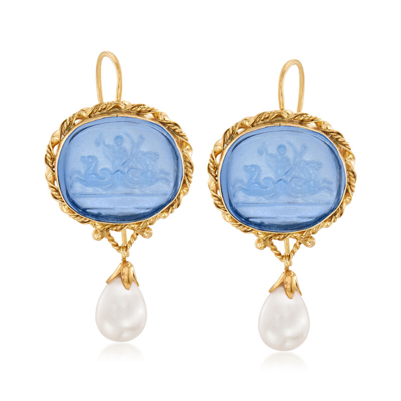 Italian 8-8.5mm Cultured Pearl and Blue Venetian Glass Drop Earrings in 18kt Gold Over Sterling image number 0