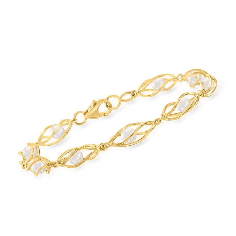 4-4.5mm Cultured Pearl Spiral Cage Bracelet in 14kt Yellow Gold. 7.5" image number 0