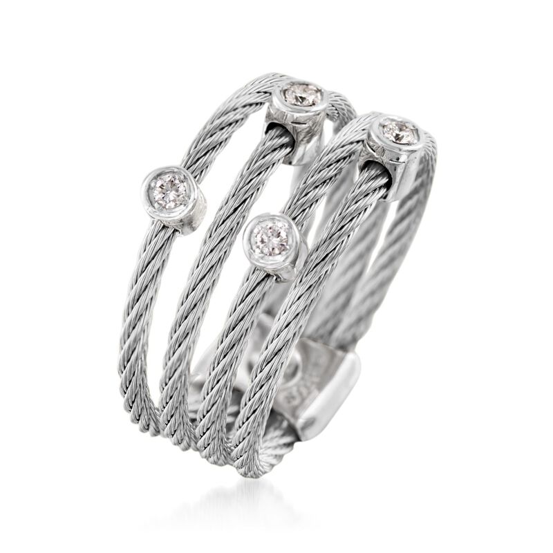 ALOR &quot;Classique&quot; Gray Stainless Steel Cable Ring with Diamond Stations and 18kt White Gold. Size 7 image number 2