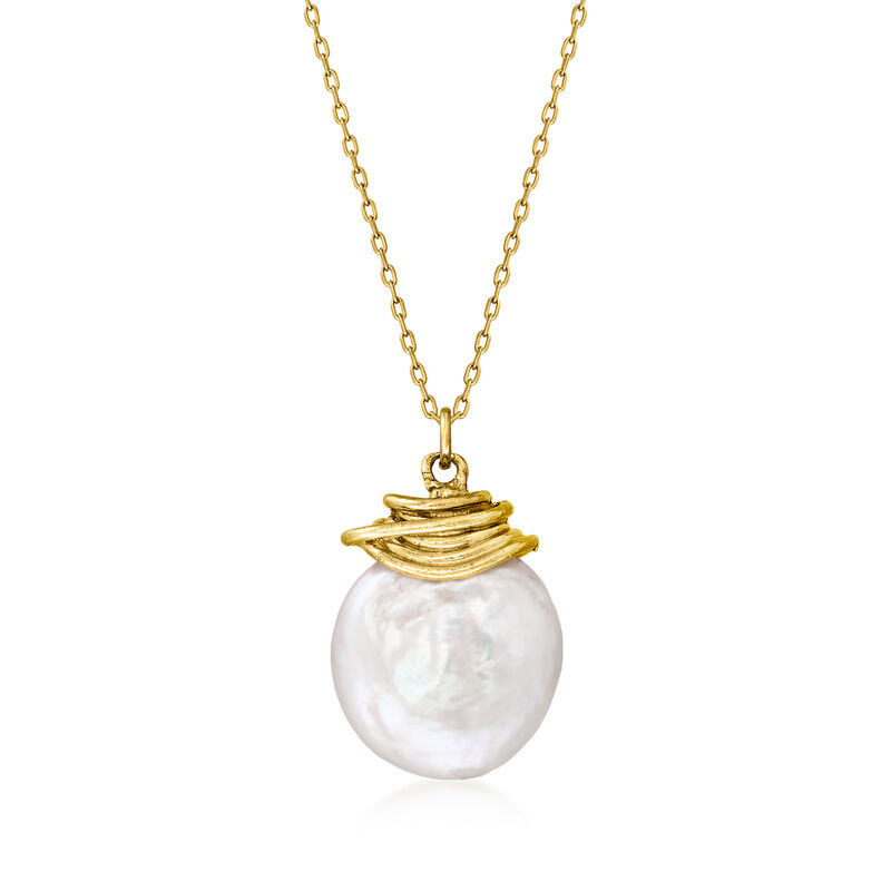 13mm Cultured Coin Pearl Necklace in 18kt Gold Over Sterling. 18&quot; image number 1