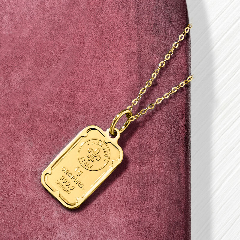 Italian 24kt Yellow Gold Fleur-De-Lis One-Gram Ingot Pendant Necklace with 14kt Yellow Gold Frame image number 5