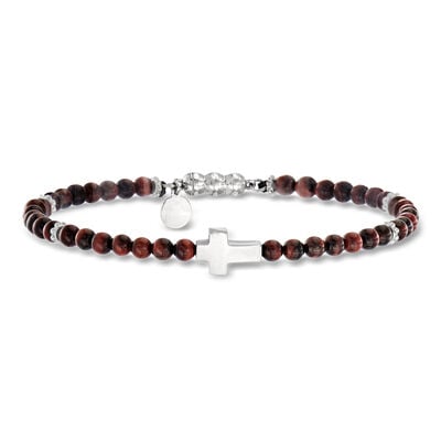 Gabriel & Co. Men's Sterling Silver Cross and Tiger Eye Bead Bracelet