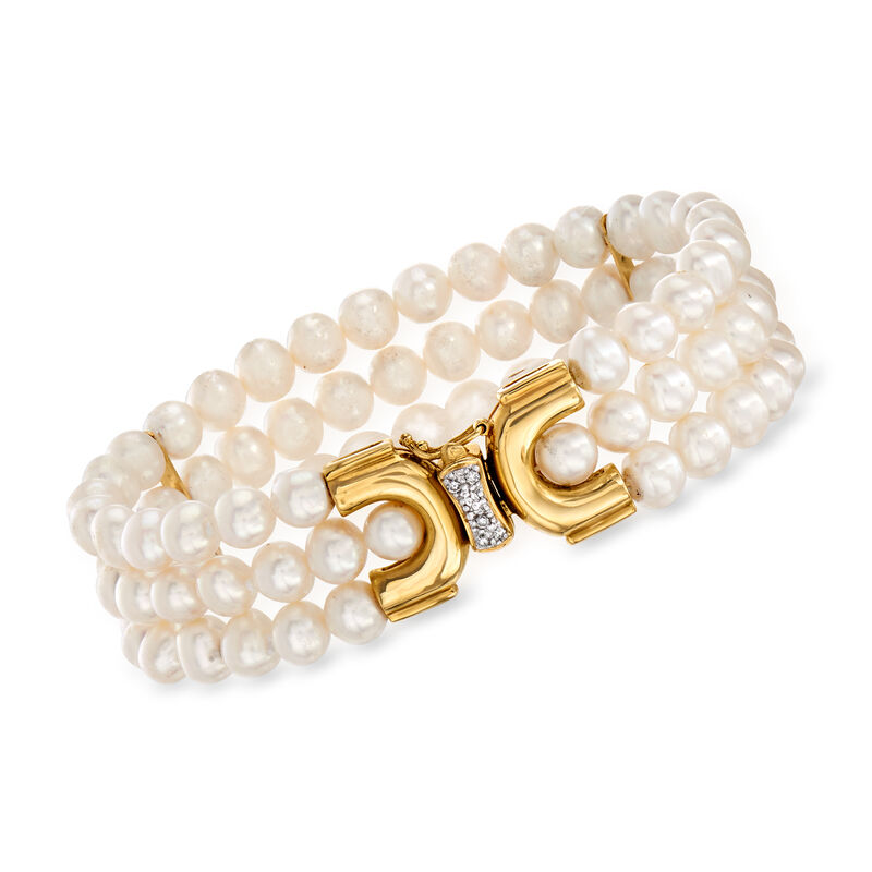 C. 1980 Vintage 6x5.5mm Cultured Pearl Three-Row Bracelet with Diamond Accents in 14kt Yellow Gold. 7&quot; image number 0