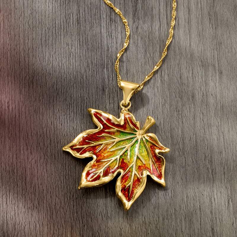 Italian Multicolored Enamel Maple Leaf Pendant Necklace in 18kt Gold Over Sterling  image number 3