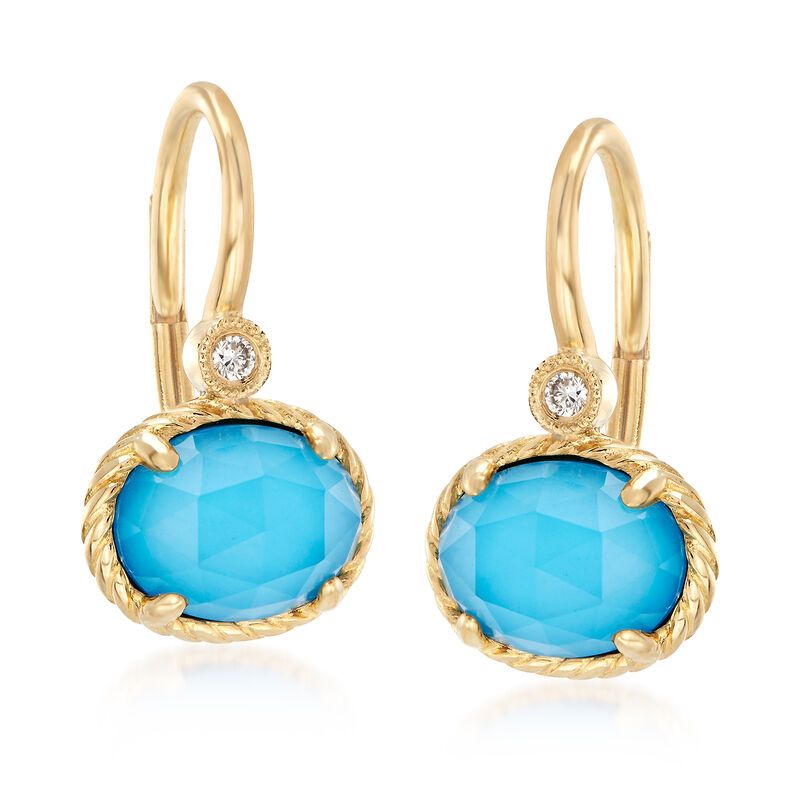 Gabriel Designs Synthetic Turquoise Doublet Drop Earrings with Diamonds in 14kt Yellow Gold  image number 3