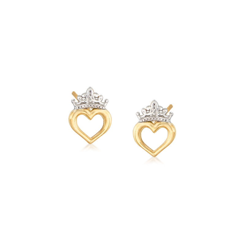 Child's Disney Princess 14kt Two-Tone Gold Heart and Crown Stud Earrings image number 0